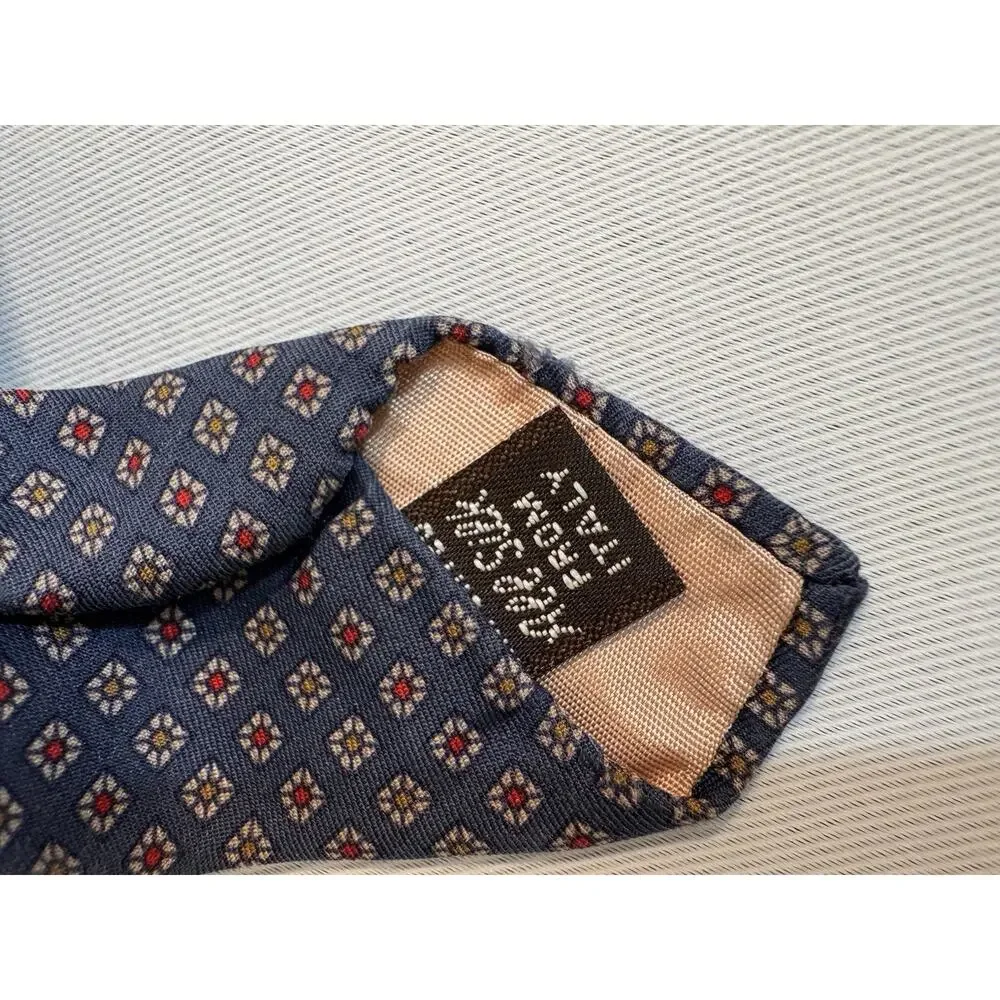 Kuppenheimer Navy Blue Tie 100% Silk Red And Gold Geometric Print